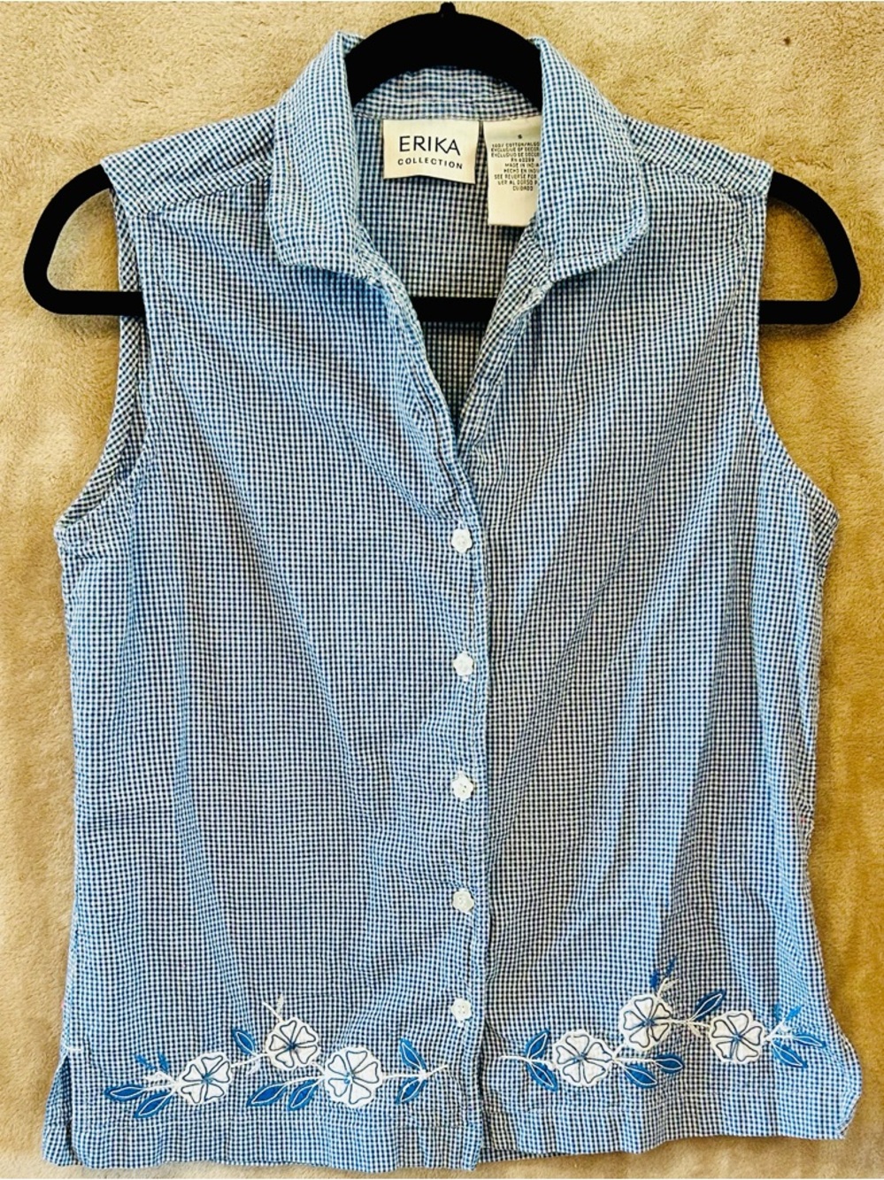 Erika Collection Blue Gingham Sleeveless Button Shirt Floral Hem S